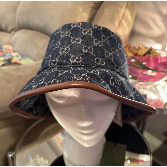 Gucci Accessories - GUCCI MONOGRAM DENIM GG BUCKET HAT LEATHER TRIM Medium 58CM NWT